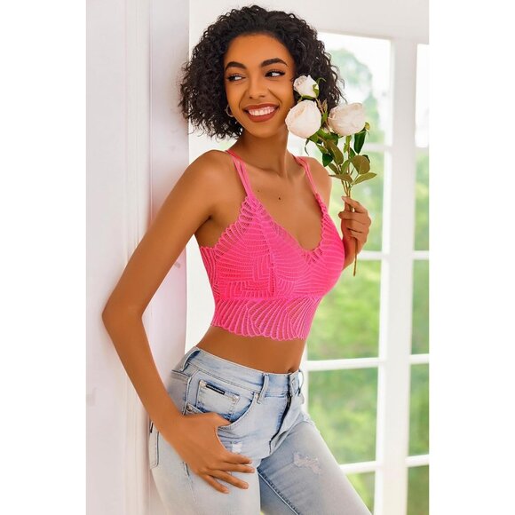 Women's Fluo Pink Lace Camisoles Double-layered V-neck Sexy Bralettes Crop Top - Picture 5 of 5